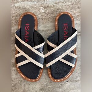 ISAIA NAPOLI BLUE & CREAM SANDALS ITALY 42 / 9 US $800 SLIDES SLIPPER NAUTICAL